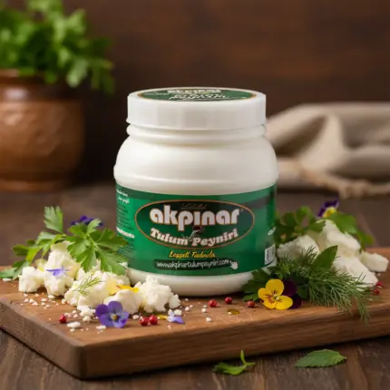 Yeşilliklerle çevrili ahşap peynir tahtasında Akpınar Erzincan Tulum Peyniri kavanozu ve peynir kırıkları