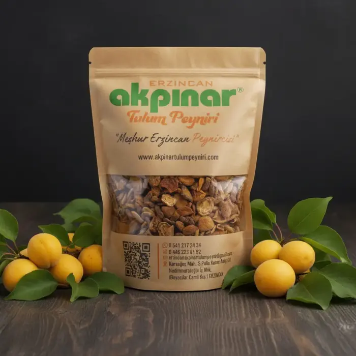 Koyu fonda kayısı dallarıyla birlikte Akpınar Erzincan gün kurusu kayısı paketi.